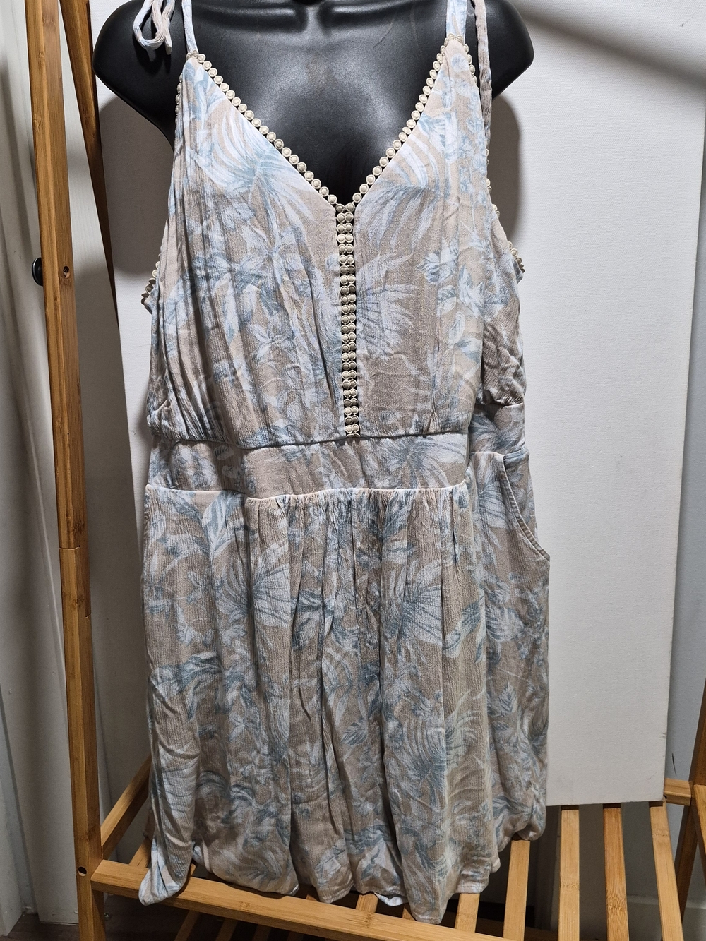 torrid Beige and Light Blue Tropical Print Romper